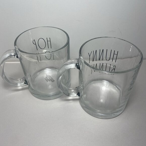 Rae Dunn  18 Oz Glass Mug Hop To It and Hunny Bunny Clear Glass Black Print 2 pc - Picture 3 of 5